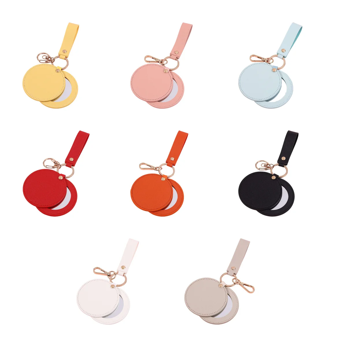Round-Face Compact PU Leather Keychain Mirror