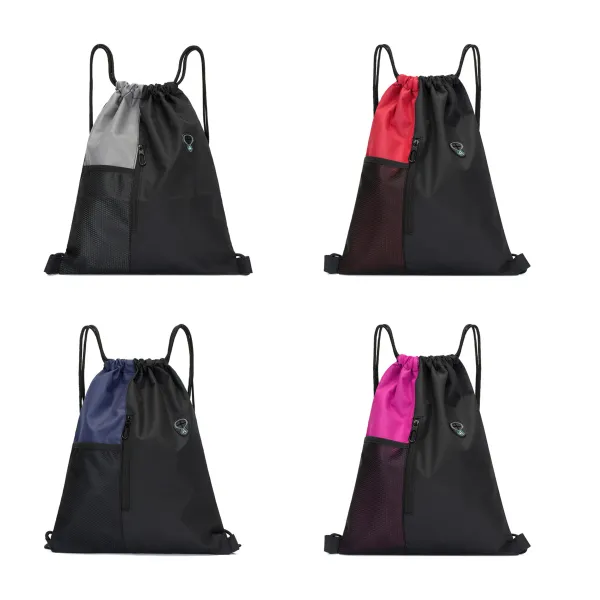 Two-Tone Heathered Polyester Drawstring Backpack Mesh Pocket