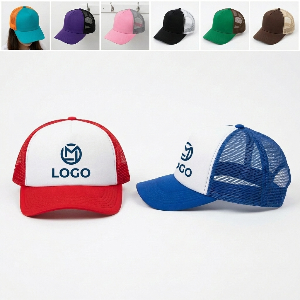 Breathable Mesh Trucker Cap with Sponge Logo Panel and Adjustable Fit