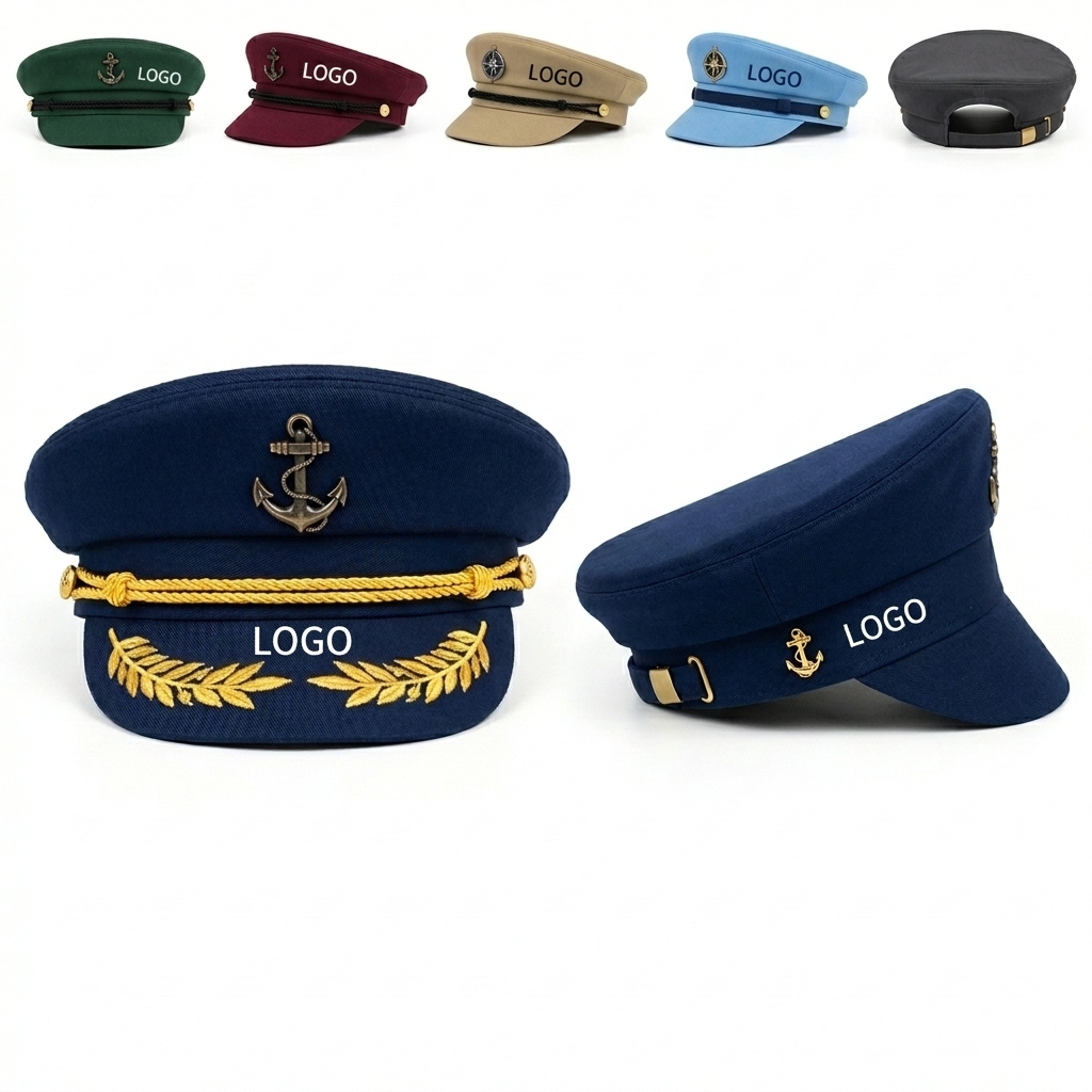 Breathable Nautical Captain's Hat with Gold Embroidery and Adjustable Fit