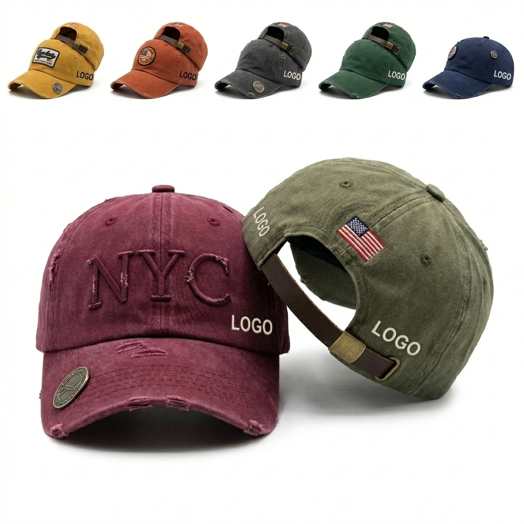 Distressed Cotton Adjustable Cap with Metal Badge & Patriotic Embroidery