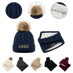 Cozy Acrylic Winter Hat with Fur Pom Pom and Matching Scarf Set