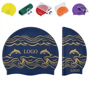 Navy Blue Silicone Swim Cap with Gold Dolphin & Wave Design